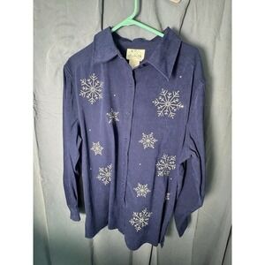 Quacker Factory Navy Blue Snowflake Shirt Women's L – Holiday Button Front Top